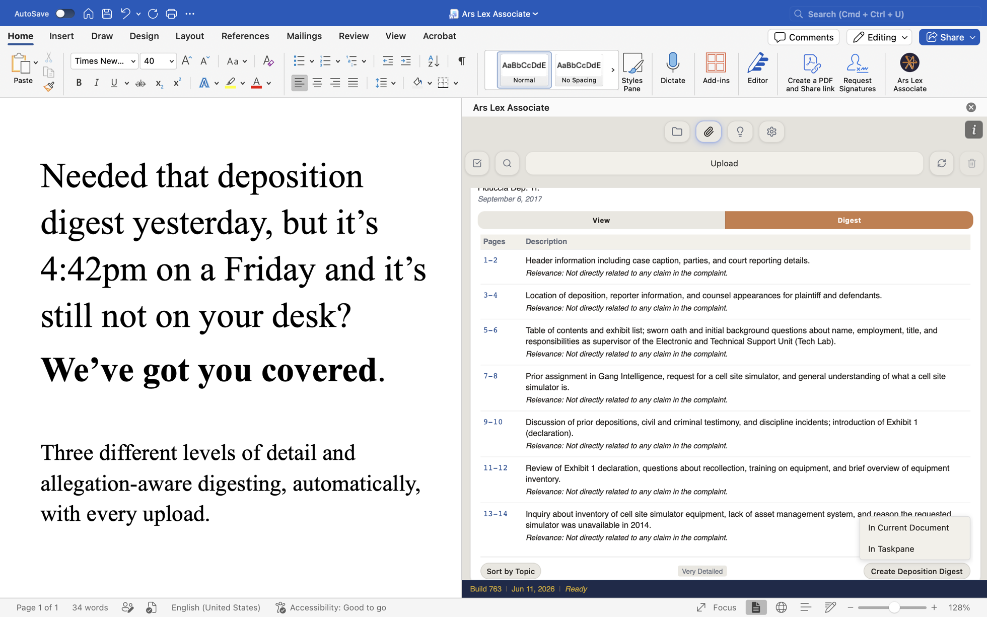 A deposition digest with page-line ranges, descriptions, and relevance notes.