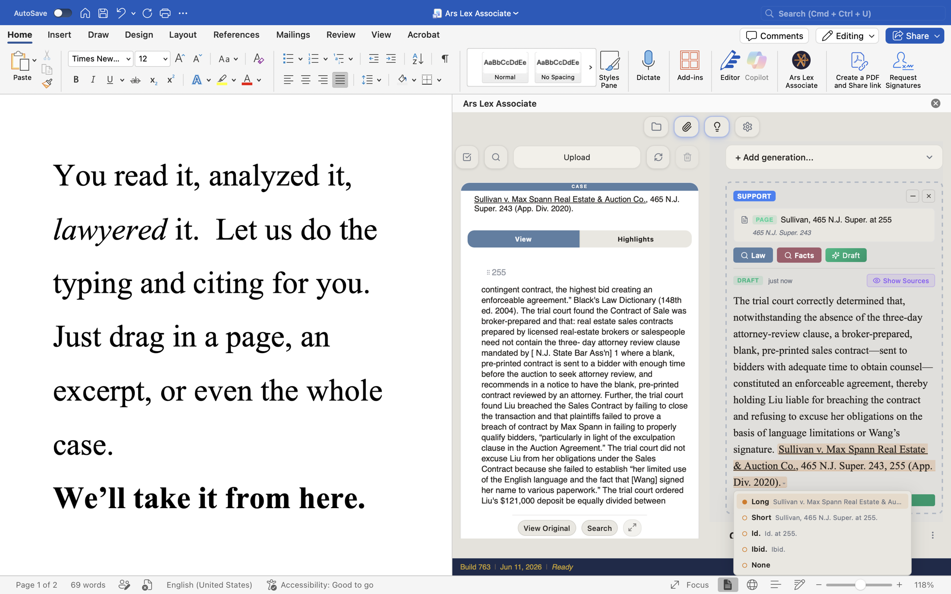 The ArsLex add-in generating cite-anchored prose from a selected case, with long, short, and Id. citation options.