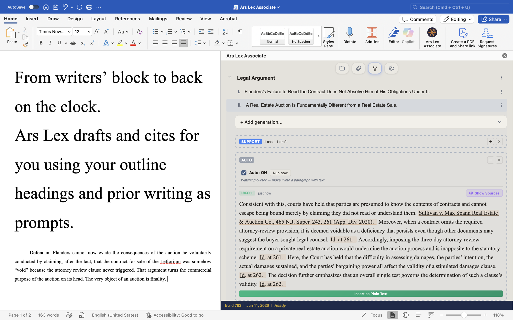 A Legal Argument outline generating a drafted section with inline Bluebook citations.